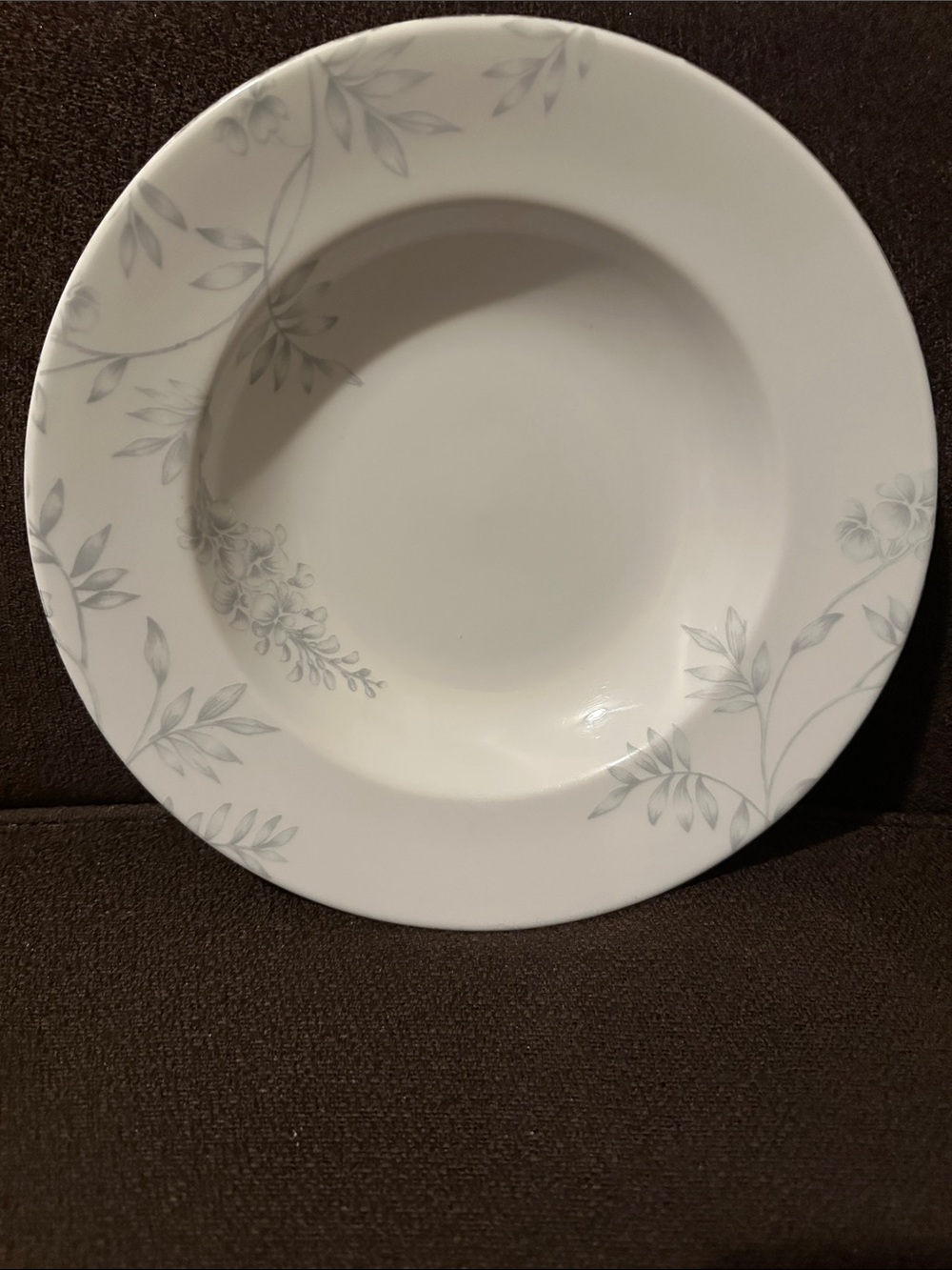 Lenox Porcelain Floral Rimmed Soup Plate - White with Soft Gray Leaf Pattern.